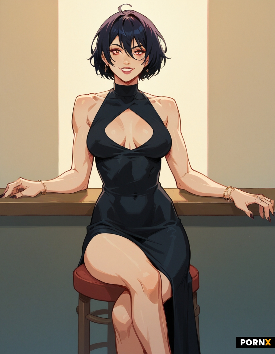 Xenia Onatopp is one woman sitting on a small stool with crossed legs wearing a sexy high class dres