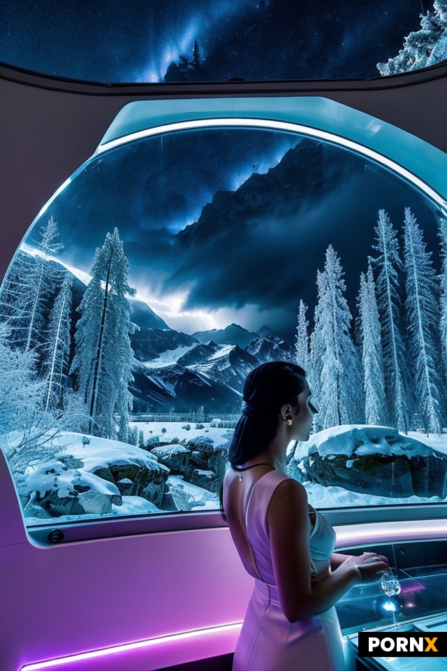 A woman looks out the window of her spacestation room