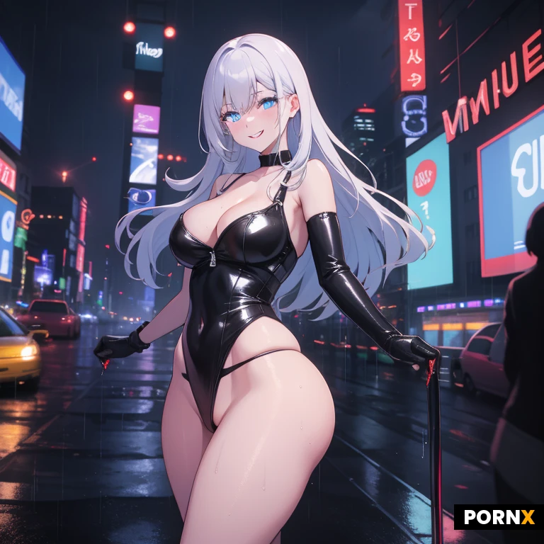 masterpiece, best quality, highres, absurdres, 1girl, solo, looking_at_viewer, long_hair, blue_eyes, curvy_body, tight_leather_outfit, cleavage, bare_shoulders, smiling, night_city, neon_signs, rainy, wet_hair, low_angle, soft_shadows, cinematic_lighting, urban_background, cityscape, glowing_neon, glossy_skin, flickering_lights