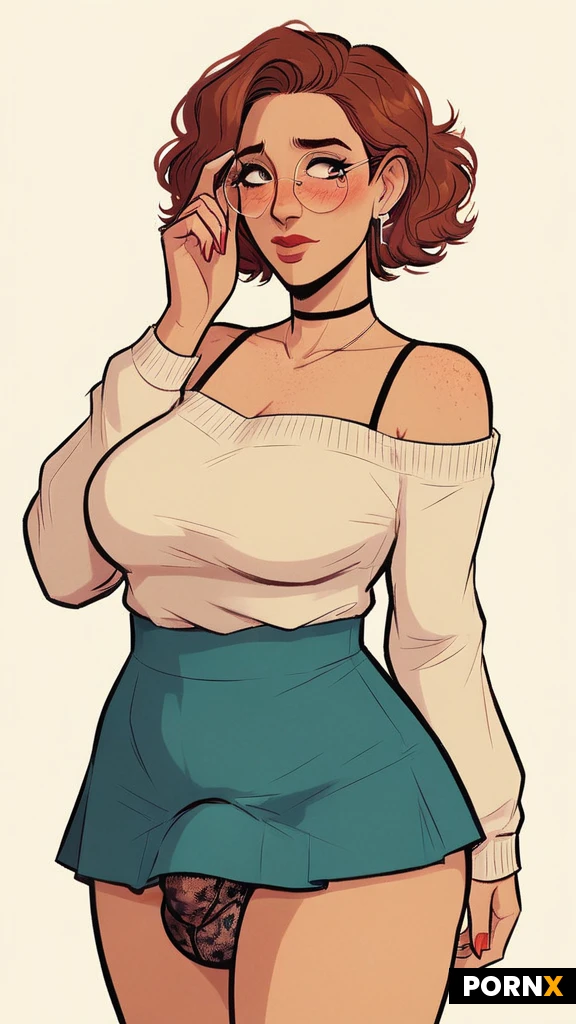 One submissive and horny futa girlfriend, 21 years old, revealing clothes, elfin face, shy and cute, (detailed face and eyes:1.2), pale skin, off the shoulder beige sweater, short plaid skirt, Auburn bob haircut, large round glasses, freckles, blushing, bulge in lace panties, massive tits