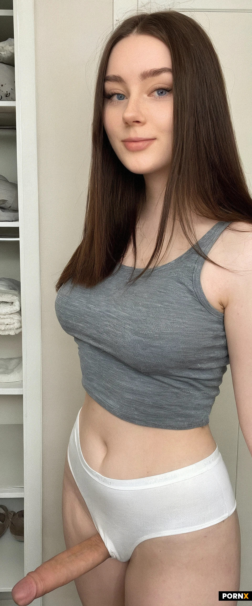 photorealistic,candid,one cute American woman,looking at viewer,18 years old,(soft body),(cute face),blue eyes,round face,gray tanktop,(white panties),(panty bulge),(bulging penis),natural breasts,closet,straight hair,brunette hair,no makeup,simple background