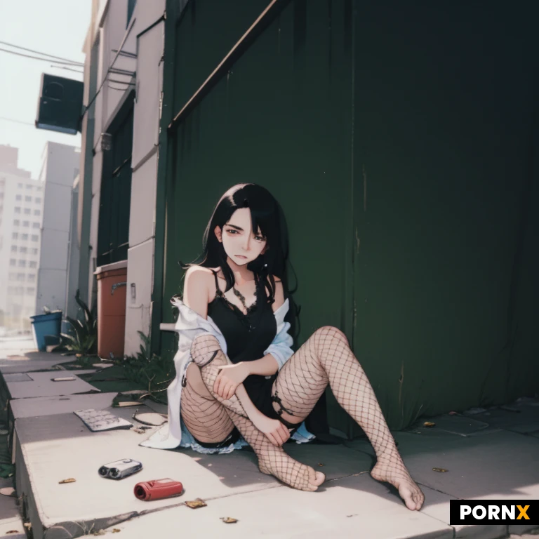A 21 year old latina in tattered clothes sitting outside of a alleyway. A addict needing money, wearing no shoes, fishnets. She looks tired and used.