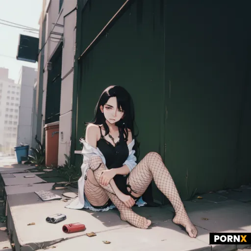 A 21 year old latina in tattered clothes sitting outside of a alleyway