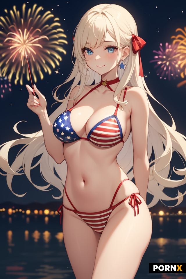 A beautiful adult woman standing confidently at the center of a Fourth of July celebration