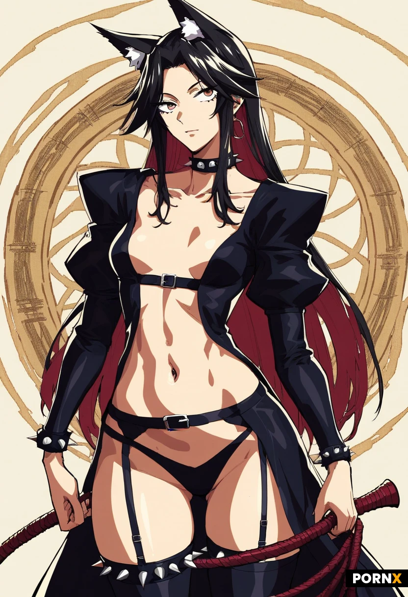 Eko eko azarak:1.5
Close up, (witchcraft ), Pinup, black cat ears, wide hips, whip
( kouta hirano manga art style:1.8 ) ( small breasts : 1.8)-(transwoman masculine )
Black colored blouse, unbuttoned, , short skirt Japanese-witch outfit, thigh highs spiked garter belts
(4k high quality, highres large eyes ) dungeon background,
