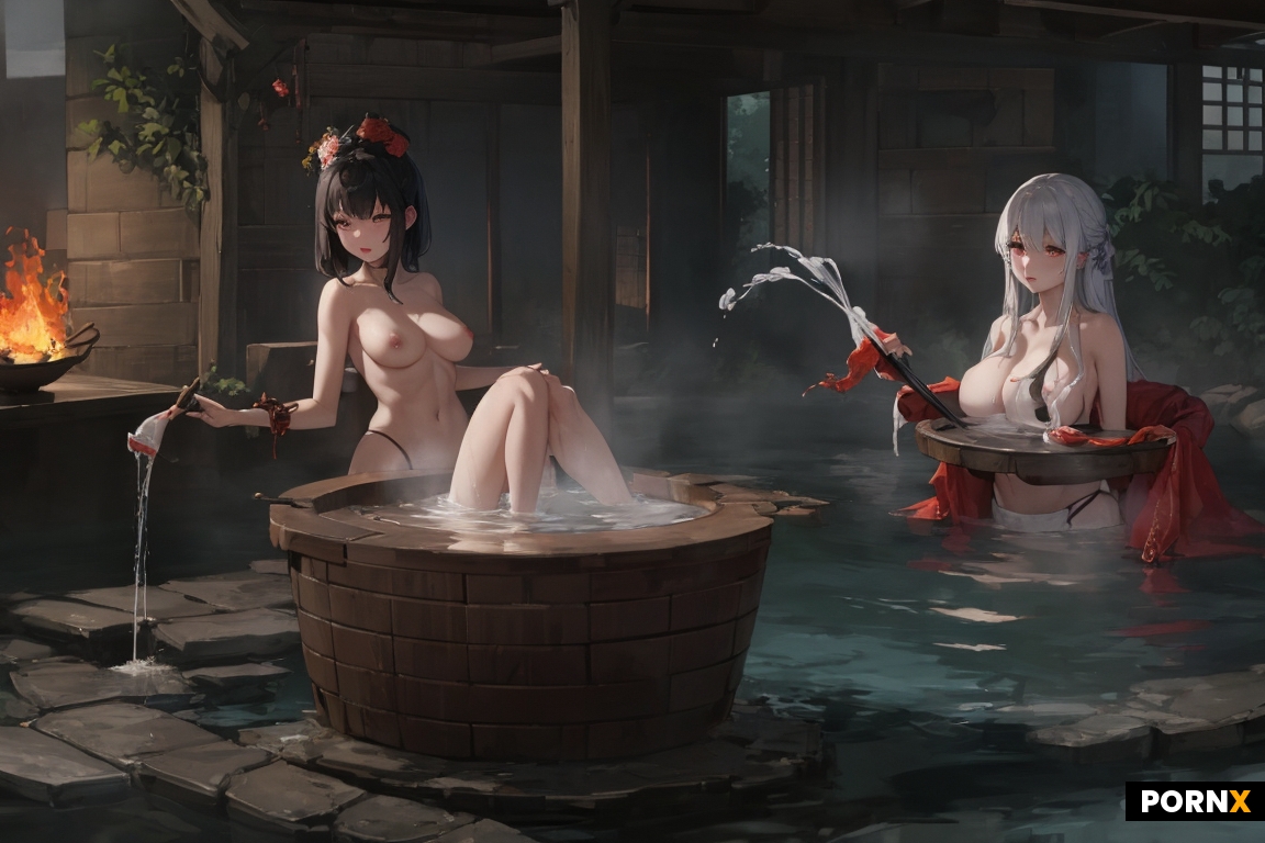 Naked Japanese woman bathing in a steaming cauldron while a Chinese woman in lingerie stands over he