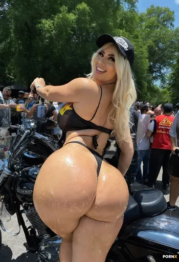 A sun-drenched outdoor mini-bar at a roaring biker rally is packed with rows of cold beer bottles