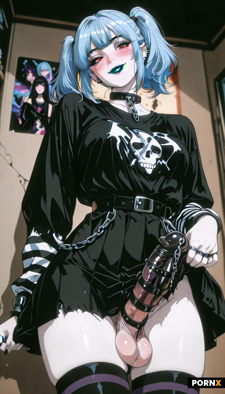 8k definition, super realistic,1 transgender female, pretty face, (emo, goth: 1.1), 20s, pale white skin, long blue hair, long black hair, twintails, long bangs, red eyes, blush, blushed nose, black eyeshadow, black lipstick, elf_ears, white freckles, standing position, skirt lifted by hand,, (see large_penis and balls, with multi piercing ring and chain on penis, :1.4), head tilt, smirk, looking at viewer, loose black shirt, striped long sleeve beneath, torn shirt, black high waisted skirt, belt with chain loops, black thigh highs, background, bedroom, black walls, posters, low angle, volumetric lighting, (depth of field: 1.1)