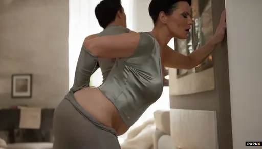 A warm-lit living room frames a flabby mother in her early thirties