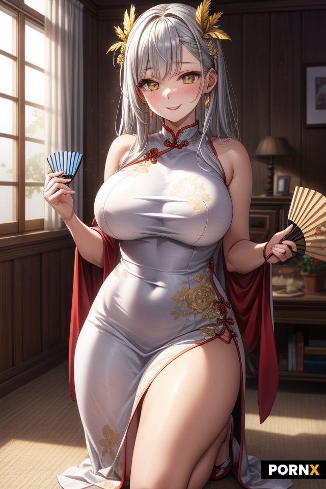 An anime-style digital illustration of a  woman with silver hair and glowing golden eyes