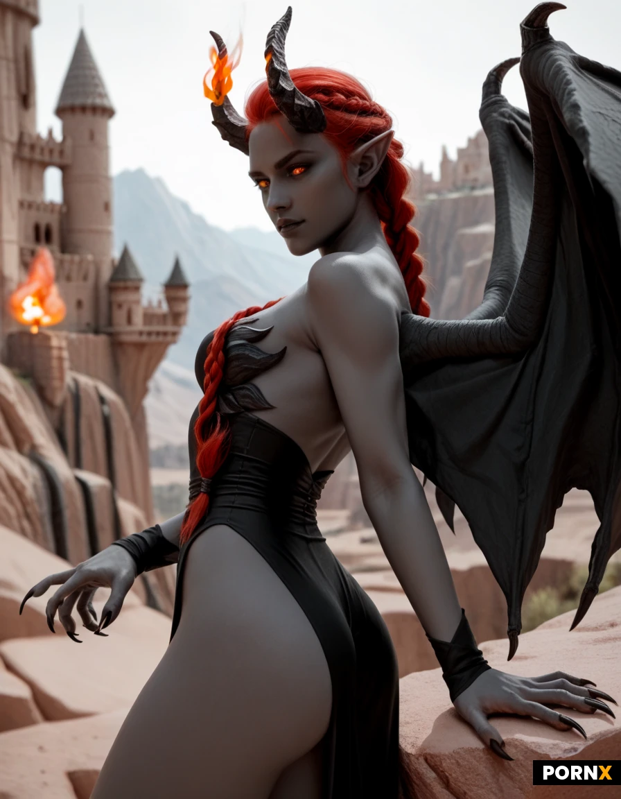 30yo Russian/Scandinavian elf, charcoal-gray skin, desert mountain castle, medium breasts, flame-red hair, braided, (charcoal-gray skin:1.35) (flame-red hair:1.35), horns, claws, glowing amber eyes, sexy adventuring outfit, wings, firm buttocks