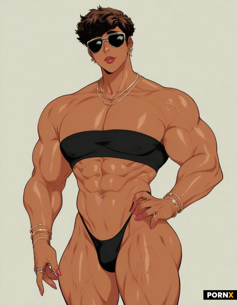 Anime. Transgender. Buff. Genderfluid. Queer LGBTQ. Speedo thong. Longsleeve top. Nerd. Glamour. Tan skin. (Muscular :1.3). Maximum steroid usage. Brawn physique body. Bangs hair. Veins on thighs. Sunglasses. Crossdresser