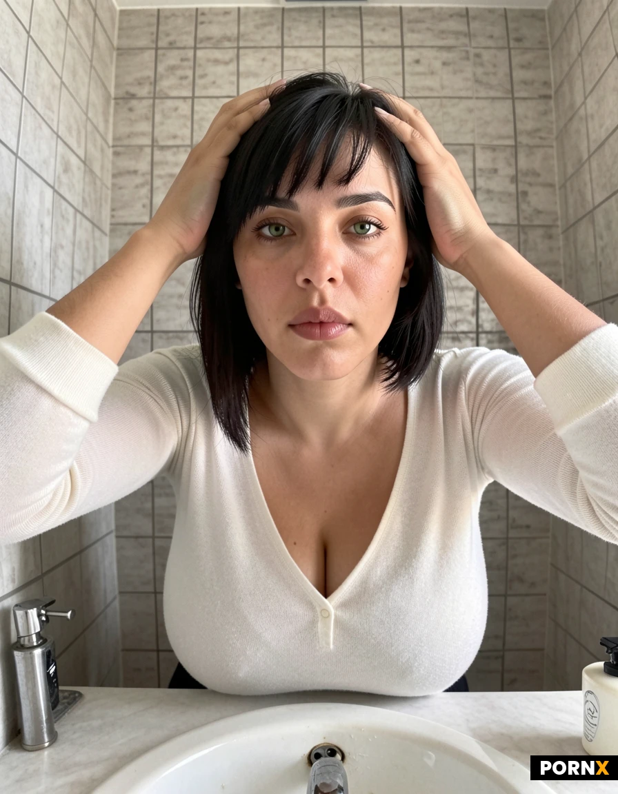 Writing
AI Image Generator Prompt
Create a highly detailed, photorealistic 3D-rendered scene inside a small, modern tiled bathroom. An adult blonde woman with short, tousled hair, dramatic eye makeup, and a fitted white long-sleeve blouse is leaning forward against a gray tiled wall, with one hand pressed against the wall and her head turned over her shoulder toward the camera. She is positioned in front of a small white wall-mounted sink.
Camera and composition: Low-angle rear-view perspective, with the camera positioned close behind the subject, emphasizing perspective and the foreground while keeping her upper body, face, and bathroom surroundings visible. Wide-angle lens, cinematic framing, realistic proportions and depth.
Environment: Cool gray square ceramic wall tiles with dark grout lines, blue-gray tiled flooring, a compact white porcelain sink on the right, and a dark bathroom doorway on the left. Minimal, enclosed interior.
Lighting and rendering: Cool overhead bathroom lighting, soft shadows, realistic skin texture, subtle glossy highlights, natural fabric folds, accurate reflections, ambient occlusion, realistic materials, cinematic contrast, high-resolution 3D rendering, detailed environmental textures, and professional digital-art quality.
Style: Ultra-detailed 3D realism, cinematic composition, realistic anatomy, lifelike facial features, physically based rendering (PBR), depth and perspective, sharp subject focus, and moody cool-toned color grading.