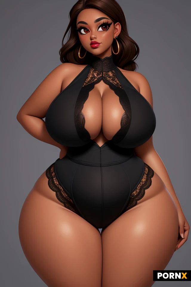 woman, dark skin, light brownish hair, lots of makeup, thick black eyeliner, thick lips, plump lips, earrings, (thick thighs:1.2), (curvy:1.5), (thick:1.25), (voluptuous:1.25), (huge boobs:1.35), tight, busty, firm, perky, (wide hips:1.5), (narrow waist:1.35), lipstick, large eyes, lace, smirk, portrait