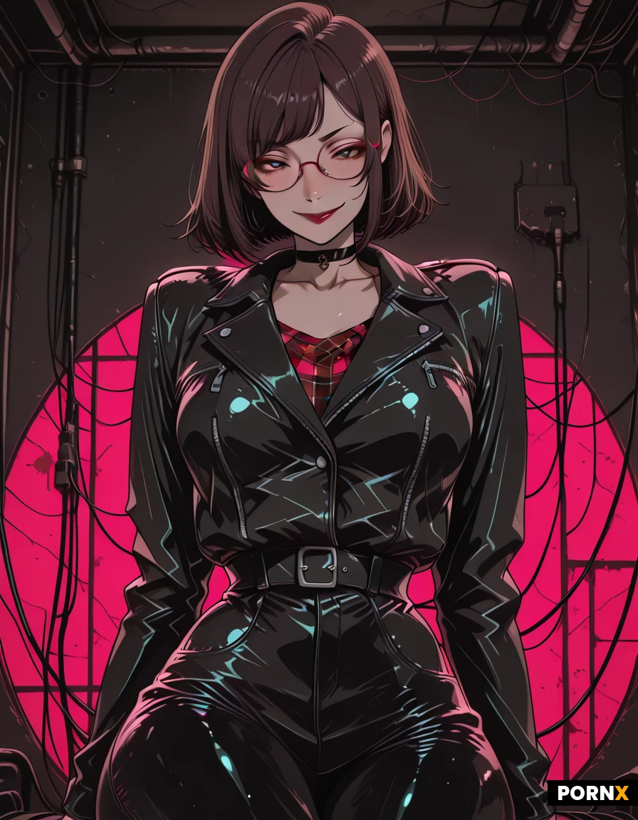 Face: Fair complexion with an oval shape.
Hair: Dark brown and straight, styled with deep side-swept bangs.
Eyes & Glasses: Dark eyes framed by thin, round, wire-rimmed glasses, sitting below slim, gently arched eyebrows.
Nose: Straight and slightly prominent.
Lips: Full, tinted with a deep dark-red lipstick, and settled into a subtle, relaxed smile.
Body: slim and slender build, lean, characterized by a narrow waist and long, delicate appearance
style and clothes: mix of Soft Grunge and Edgy Alternative (Geek Chic), black leather moto jacket, plaid shirt, tight black leather pants, choker, and dark color palette.