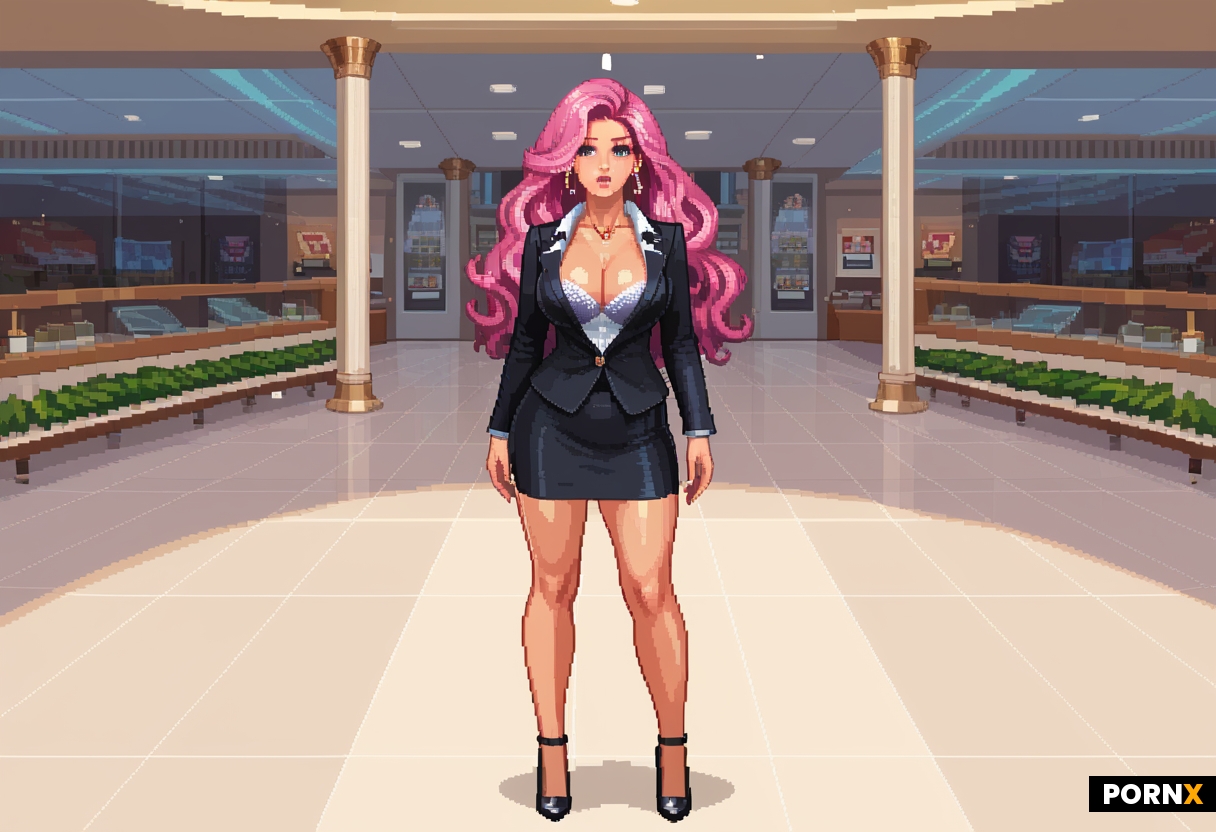 A gorgeous woman stands tall in the gleaming black  suit