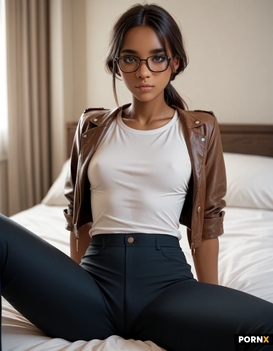 latina woman. age 20. Glasses. Fit body. Low ponytail,curtain bangs. Cute face. Skinny. Medium breast. Black Brown skin. On bed. Shy face. Sit on bed. Alone. Seductive pose. Spread legs. Wear shirt, jacket and long pant.