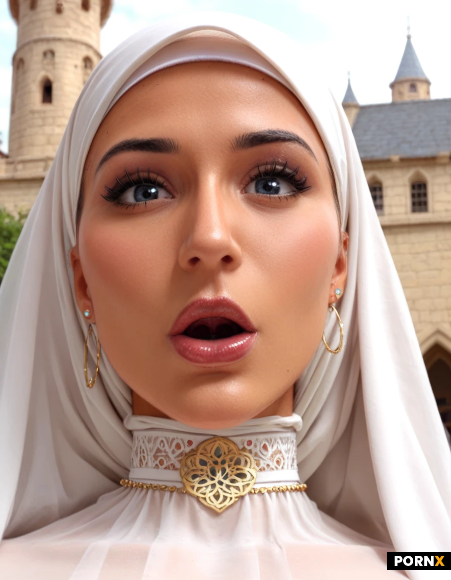 hdr,ultra sweet babe,beautiful nordic,swedish bimbo,dutch,cutest face,big eyes,ultra skinny,skinny waist,small waist,skinny legs,small legs,big mouth,small nose,gigantic round breasts,18,big choker,cute princess outfit,intense makeup,thick eyeliner,full veil,(hijab),fully clothed,man,white cock,(deepthroat),castle,close side view from below,looking at viewer,excited blowjob,