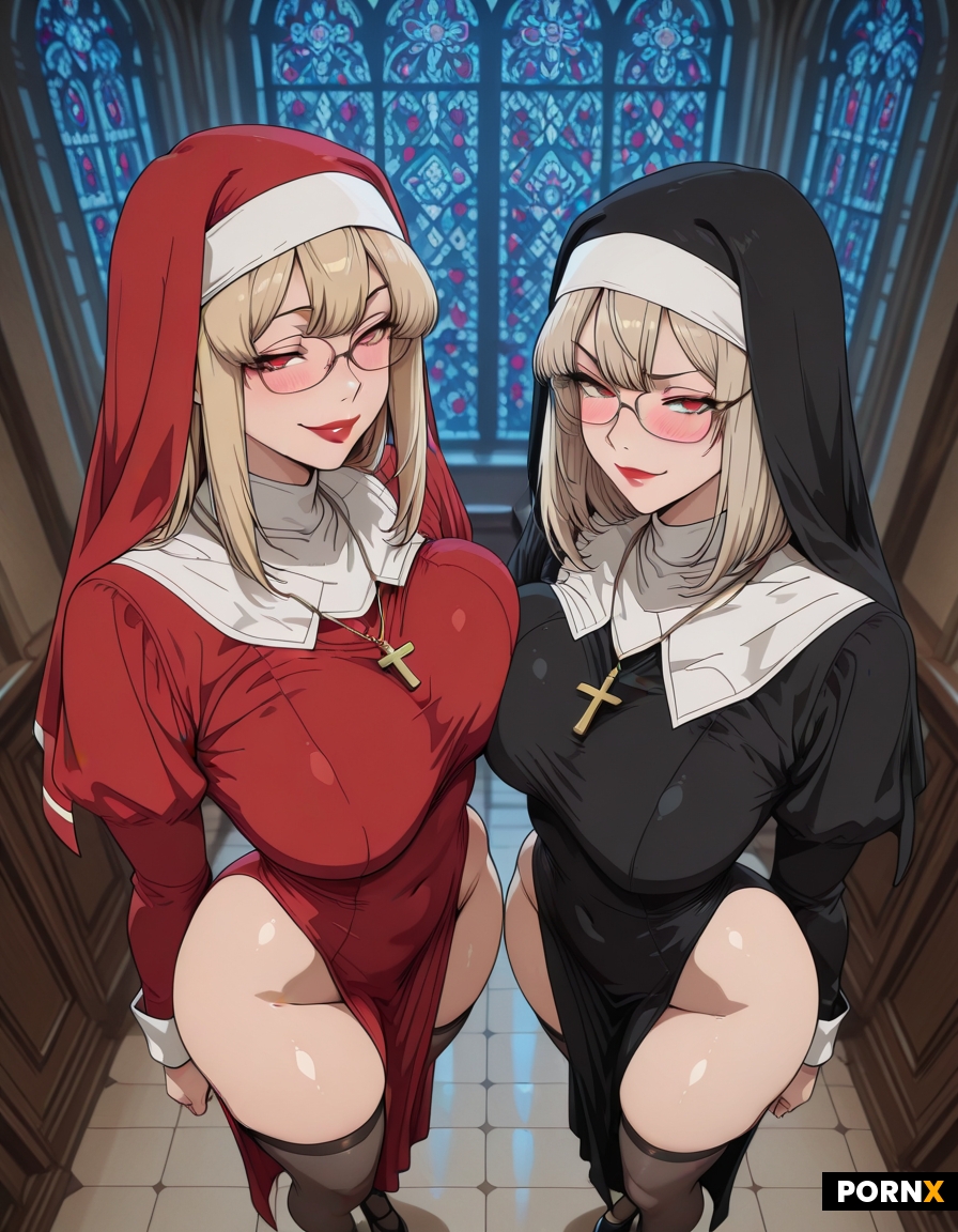 Two voluptuous adult women stand side-by-side in a frosty midnight chapel