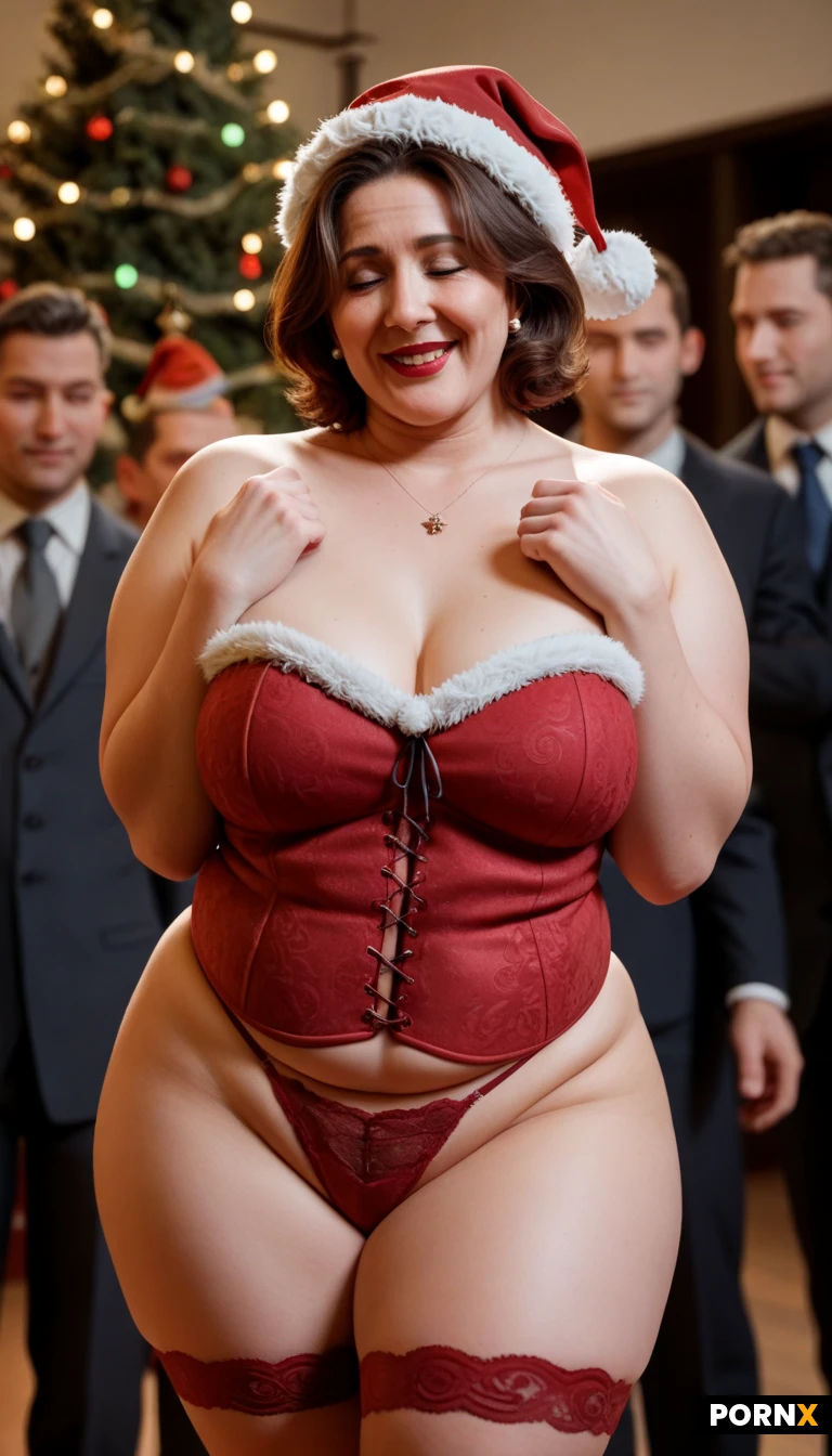 masterpiece, best quality, highres, absurdres, bust-up_view,1girl, multiple_males,chubby_short_stack_mom,mature,pale skin,brunette_hair,wavy short hair,chubby shoulders,big chubby tits,wide hips,chubby thighs,red Santa corset,Santa panties,Santa hat,Christmas tree,string lights,office Christmas party,lipstick, open_mouth, closed_eyes, shy_smile, standing,bending,shy pose,detailed shading,warm_lighting,crowd of fit _men in suits,,