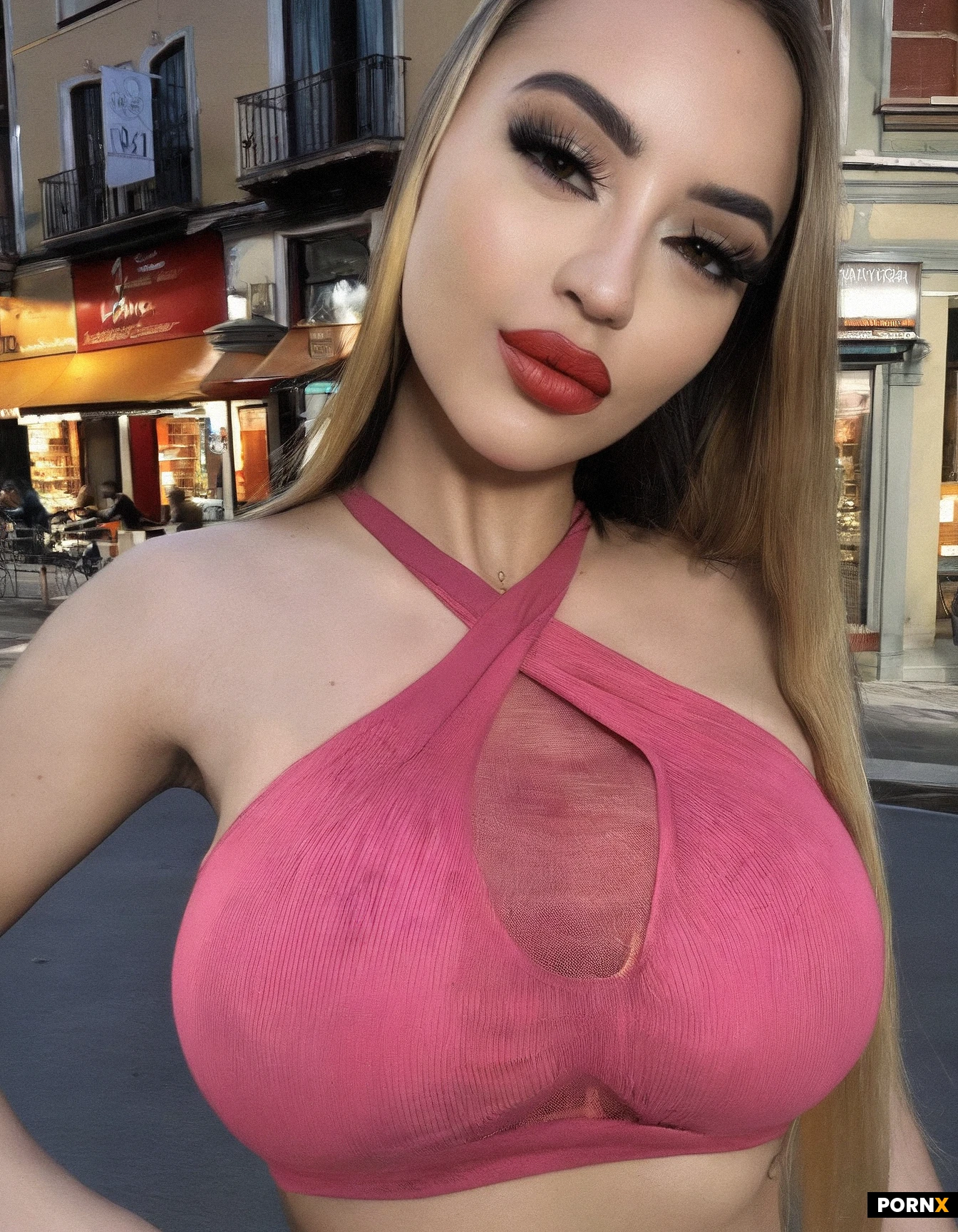 Mujer hermosa, ((ropa ajustada)), chica sexy, en algún lugar de la ciudad, mirada sexy, rostro hermoso, rostro femenino, rostro atractivo
