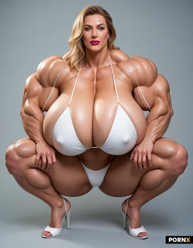 Full body image of a Super mega muscular female hyper bodybuilder model