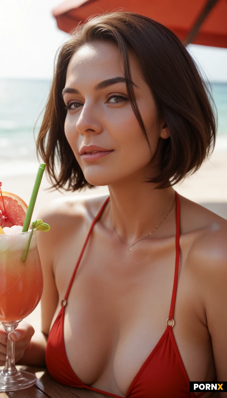 slightly messy dark brown bob-cut hair,39 years old Spanish milf, perfect skin, cute, slim, cocktail, red bikini, small round natural breasts, close up, sunshine, beach bar