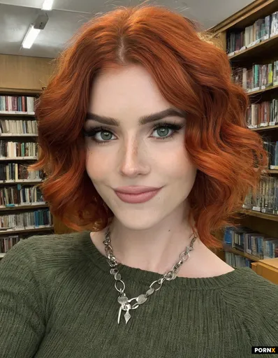 A photorealistic close-up portrait of a woman in her early 20s with vibrant copper-red hair and stri