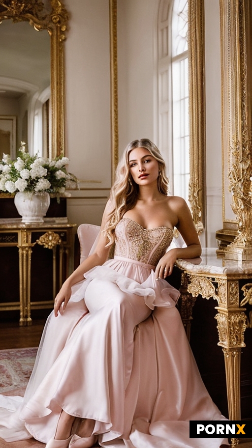 A full-length portrait of a 20 year old woman with long flowing blonde hair