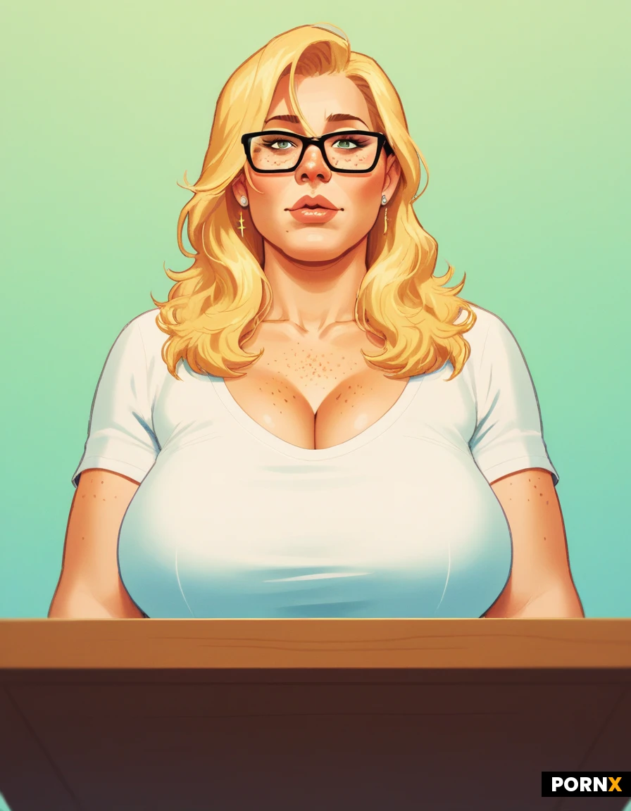 Woman,52 Years old,Irish,cute,Busty,Fat,Pale skin,huge breasts,Natural breasts,Small nose,glasses,Blonde hair,Straight hair,cute face,desk,(freckled chest),full lips,tight shirt, cuddle, eye contact, , pov view from below,fat pussy