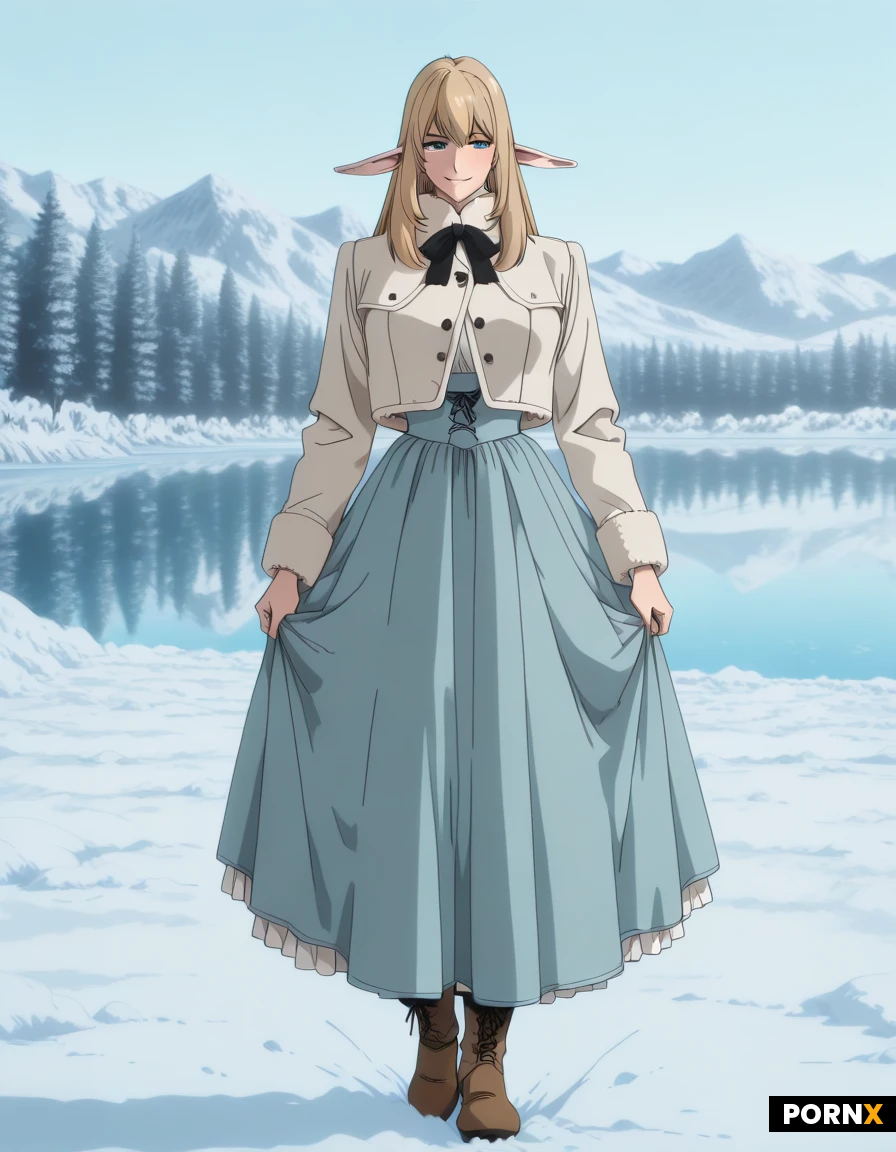 Elven woman. Cute face. Long ears. Heavy winter clothes. Victorian style clothes. Outside in woods. Edge of frozen lake. Long skirt. Skirt pulled up. Skirt held in hands. Bloomers exposed. Long stockings. Winter boots.