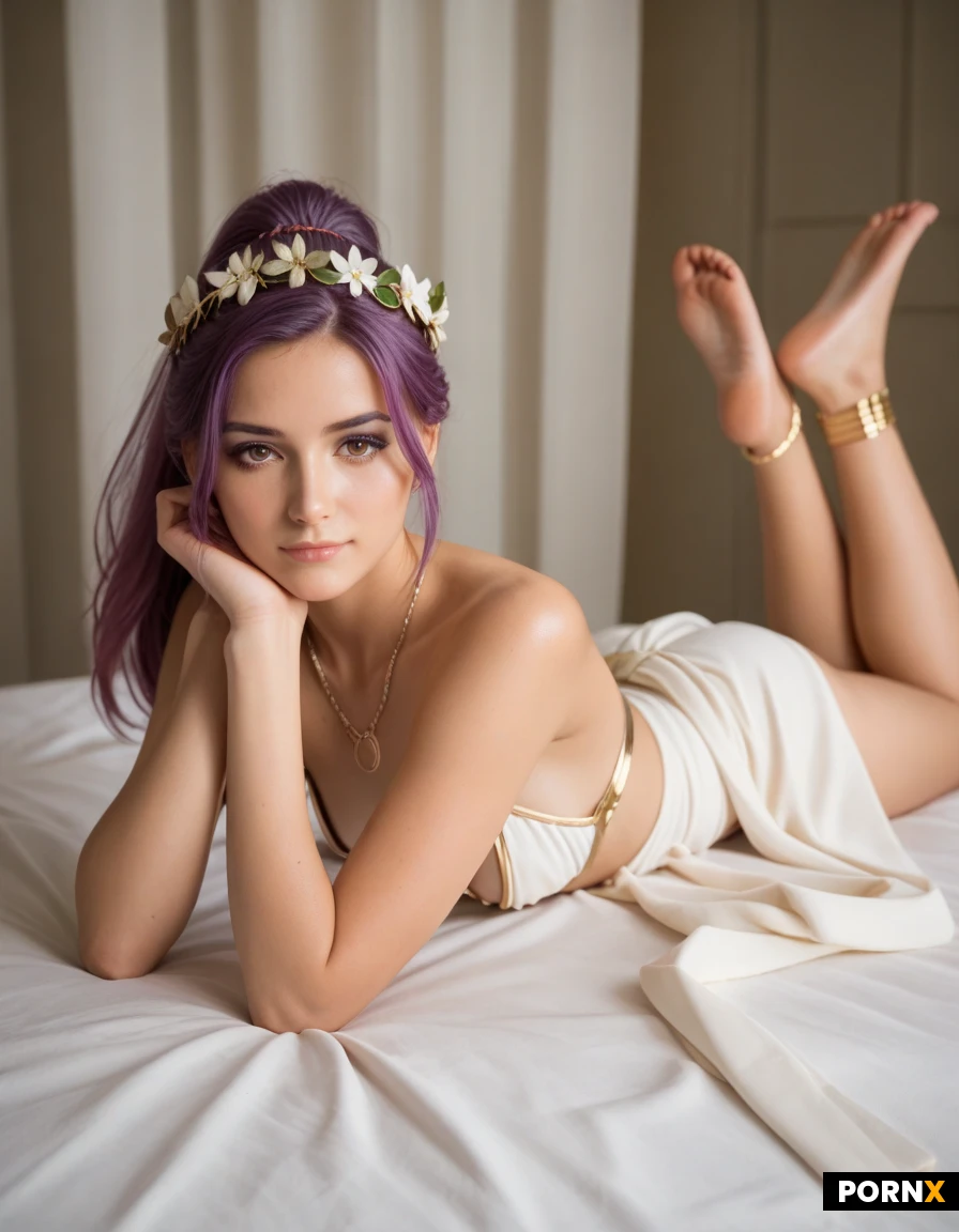 beautiful woman, purple-pink hair in a high ponytail, slender body, small perky breasts, fair skin, greek goddess outfit, white draped toga, gold jewelry, laurel wreath, (transgender:1.3), Italian model, model_face:1.2, cute_face:1.5, 28s, hazel eyes, purple hair, top knot, petite_body, small breasts, (dickgirl:1.5), (futanari:1.5), (tanned:0.5) light tan, lying, shy, misty horizon, cinematic rim light, toe ring, eyeshadow, hand on dick,