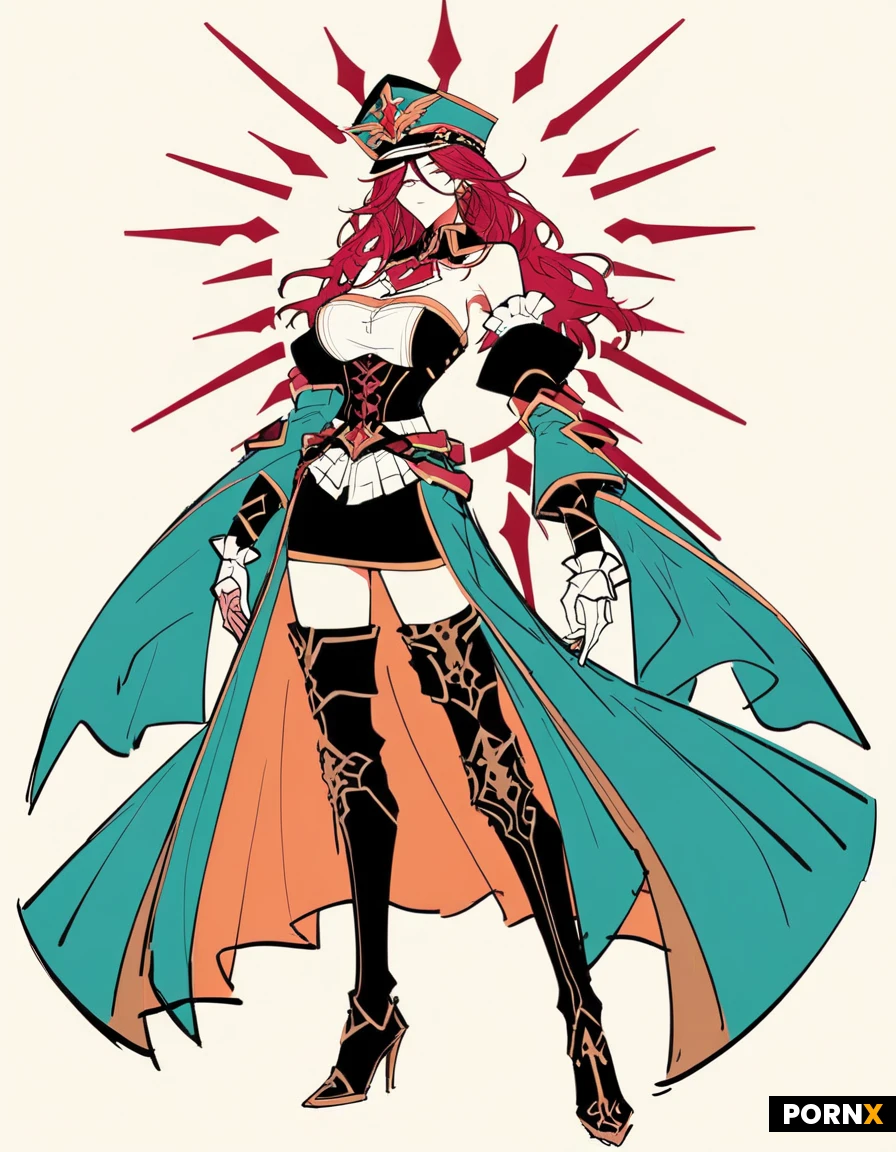 Rendered in vibrant MOE anime style with crisp linework, glossy cell shading, and rich, saturated colors. vector.Sketch,high_Quality_eyes,high_Quality_image,high_detailed_image,high_detailed_face,fantasy,(MOE_anime_style).Fitted bodice / corset-style bodice — the blue-and-white upper section,
Deep V neckline,
Off-shoulder / shoulder-draped sleeves,
Long detached sleeves with fitted cuffs,
High-waist design,
Asymmetrical split skirt / open-front skirt,
Long cape or mantle attached around the shoulders,
Decorative waist belt / cincher,
Metallic medallion ornaments around the waist,
Tabard-like front panels,
Thigh-high stockings or thigh-high boots underneath the split skirt,
Tall military-style peaked cap,
Long veil/fabric panels falling from the back of the hat,