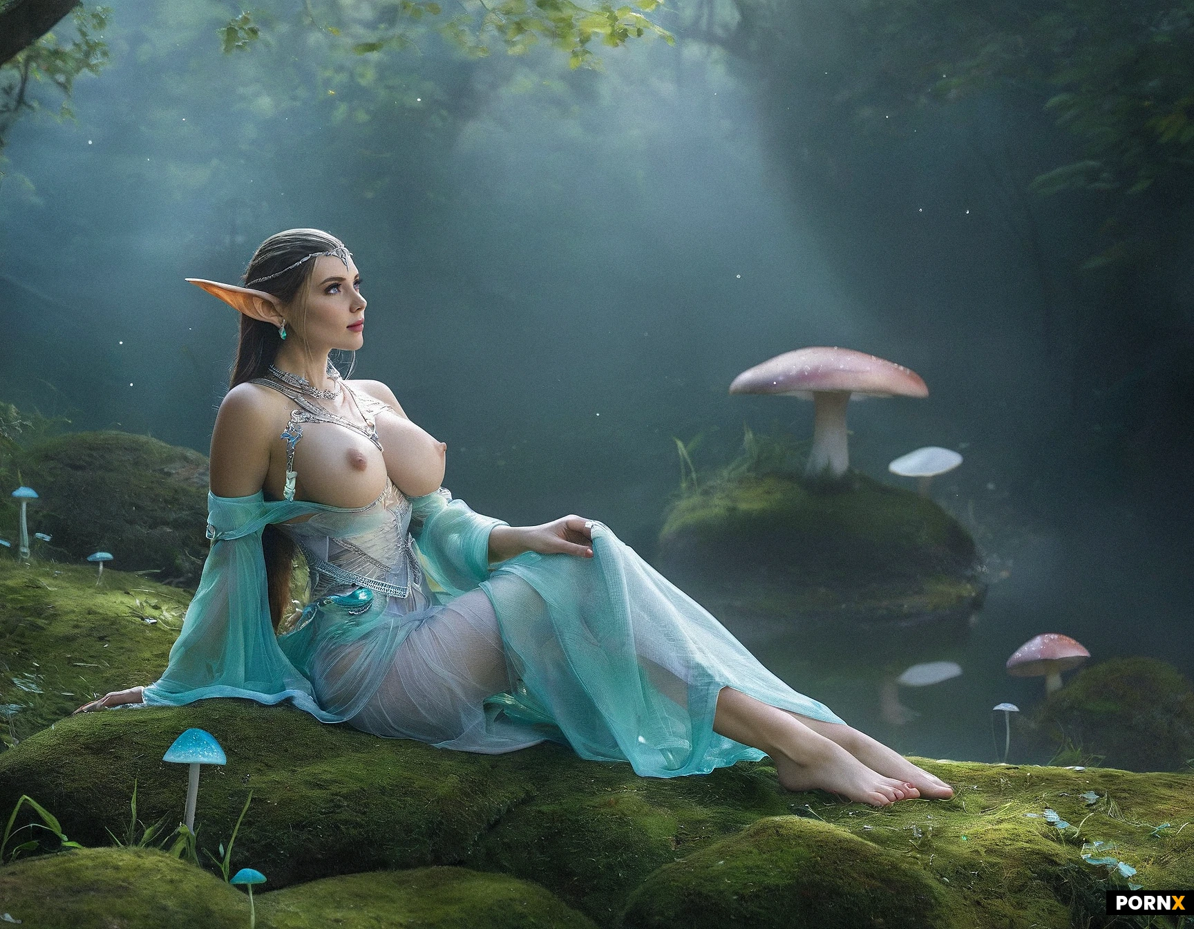 (sexy female:1) (elven:1) (braided hair:1) (long pointed ears:2) (glowing blue eyes:1.2) (moonlit glade:1.4) (enchanted:1.1) (seductive pose:1) (seated on a rock:1.2) (woven green leaf dress:1.3) (white silk:1) (white revealing clothing:1.2) (ethereal:1) (luminescent mushrooms:1.1) (moonlight beams:1.4) (glow effect:1) (fantasy setting:1.3) (soft lighting:1) (light fog:1.2) (curved body:1) (smooth skin:1) (dewy look:1) (silver and teal colors:1.5) (natural textures:1.1) (mysterious smile:1) (floral circlet:1) (vibrant background:1.2) (voluptuous figure:1.3),(sex:1.7)(very big firm fake breasts:4.1),(close-up:1.6)(shimmering magic:1.4),(white translucent cloth:1.5),(slim:1.9),(long legs),(small waist:1.4), (view from side above:2.5), (kneeling:1.9), (green dressed:2), (leaning forward:2.8), (small ass:2.5)