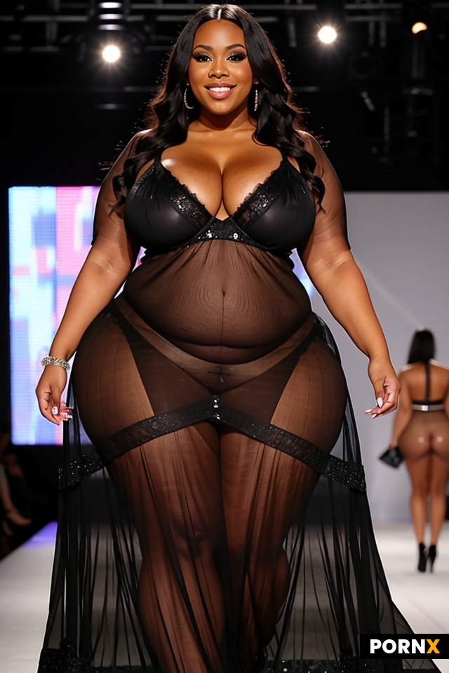 black bbw milf pornstar wearing see through dress posing on fashion runway