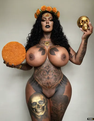 A naked plus-size adult woman with a heavy bust