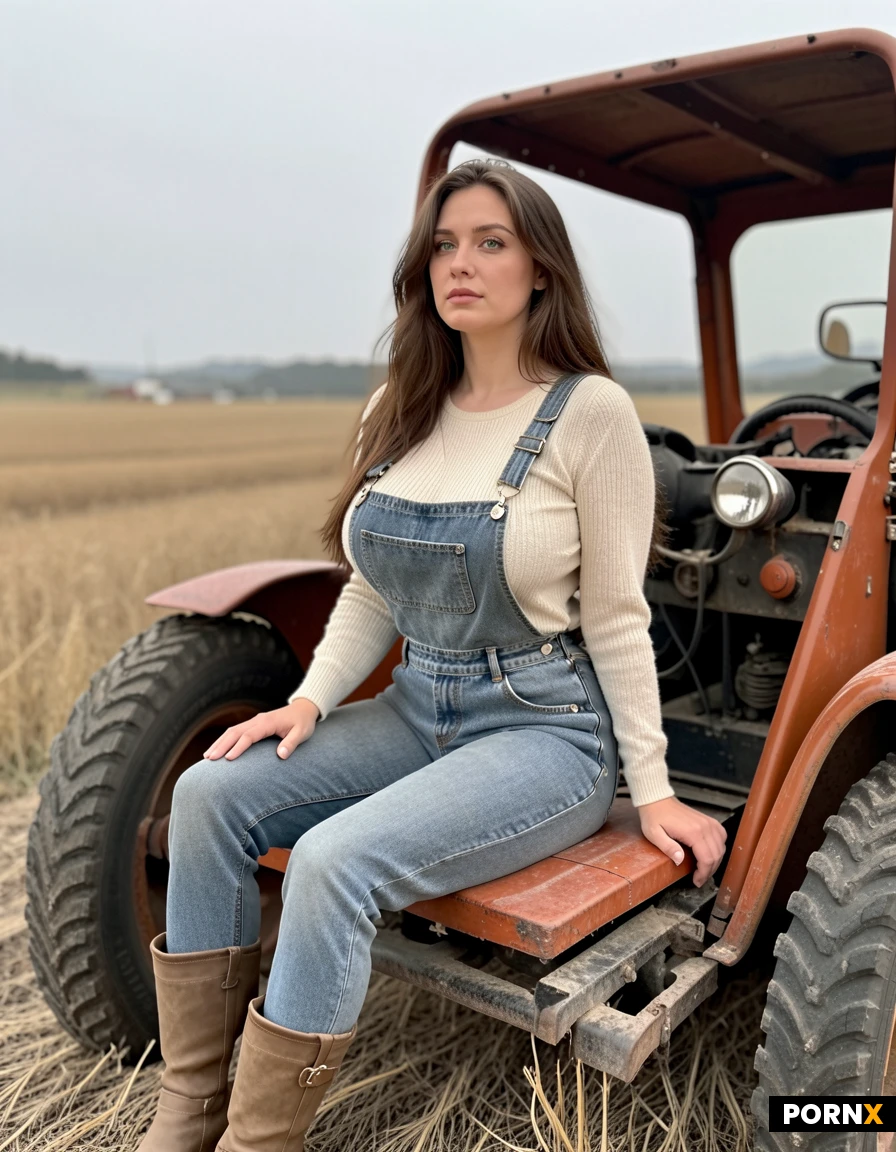 masterpiece, best quality, highres, absurdres, overalls, boots, tractor, driving, sitting, full_body, sunny, field, countryside, daytime, clear_sky, warm_lighting, dynamic_angle, side_view, wide_shot, cinematic, realistic, illustration, digital_art