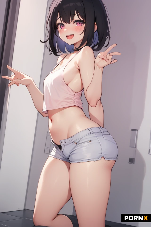 1girl, solo, tall, wide_hips, broad_hips, narrow_waist, a_cup, small_breasts, big_ass, huge_ass, big_butt, black_hair, short_hair, fluffy_hair, blush, nervous_smile, open_mouth, open_smile, flustered, teary_eyes, on verge of tears, weeping, smiling, white_tank_top, pink_cotton_shorts, full_body, leaning, top_front_view, Looking_at_viewer, full_body_portrait, forest, river