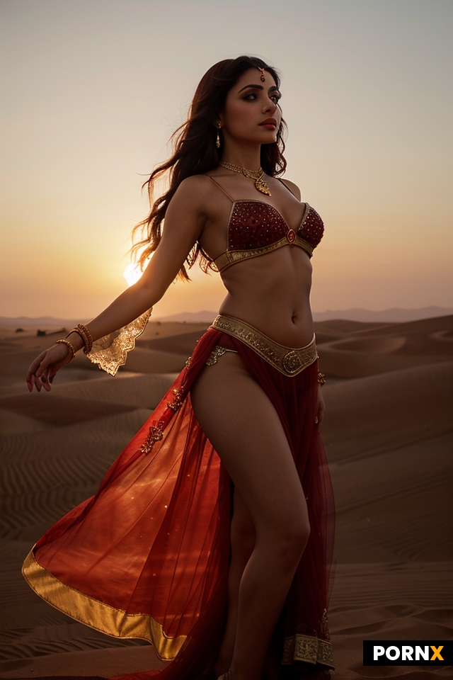 A captivating Arabic belly dancer dressed in an elegant red outfit adorned with ruby jewels that shi