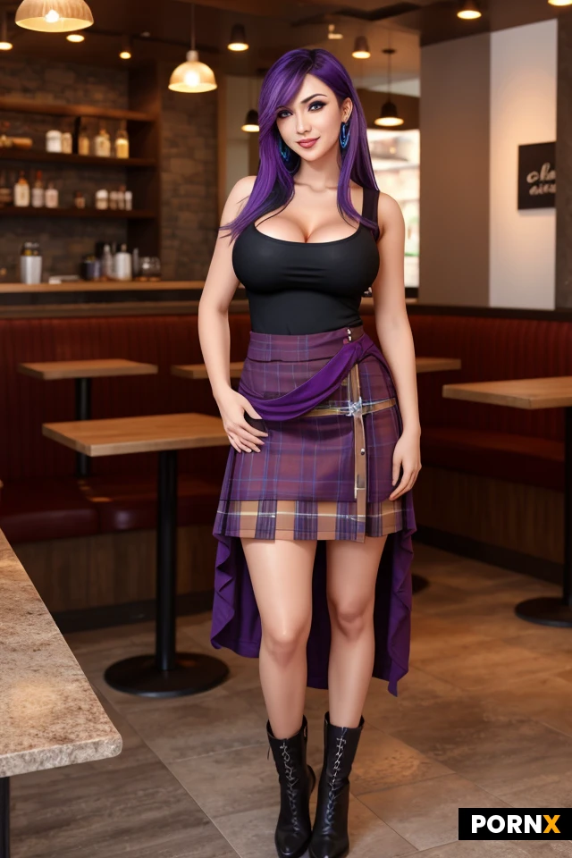 Woman, One, 30 Years old, Nigerian, Busty, Piercing, Large breasts, Rounded breasts, Busty thighs, Happy face, Multicolor hair, Long hair, Straight hair, Purple eye color, Kilt, Sleeveless t-shirt, Cleavege, Full body, Seductive pose, Standing, Cafe, Unreal Engine