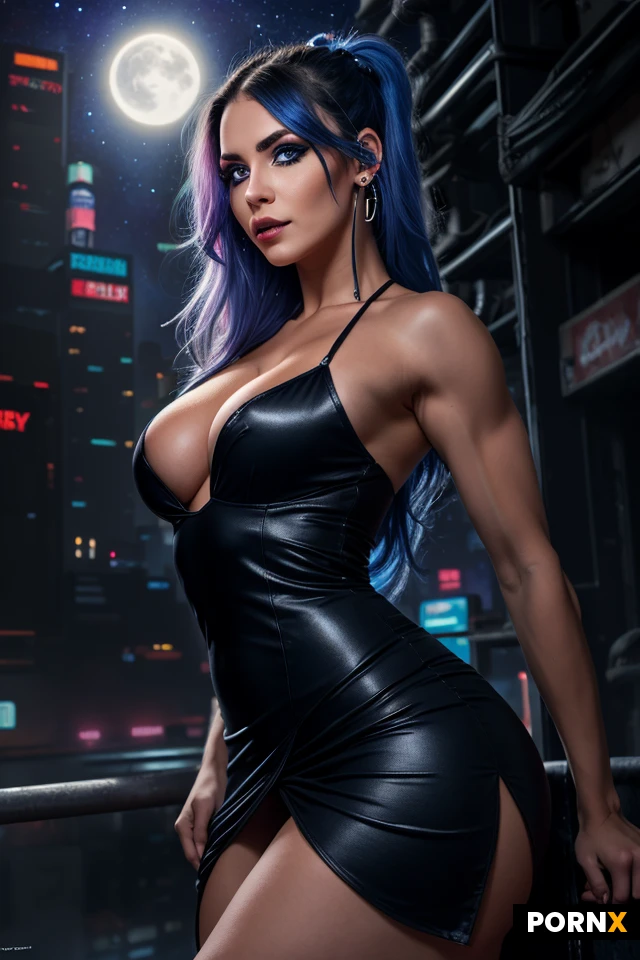 Woman, One, Fit, Muscular, Thick, Piercing, Medium ass, Beauty face, Messy hair, Pubic hair, Long hair, Deep blue eye color, Small breasts, Moonlight, 35 Years old, cyberpunk dress, Seductive pose, Czech, Galaxy, Ombre