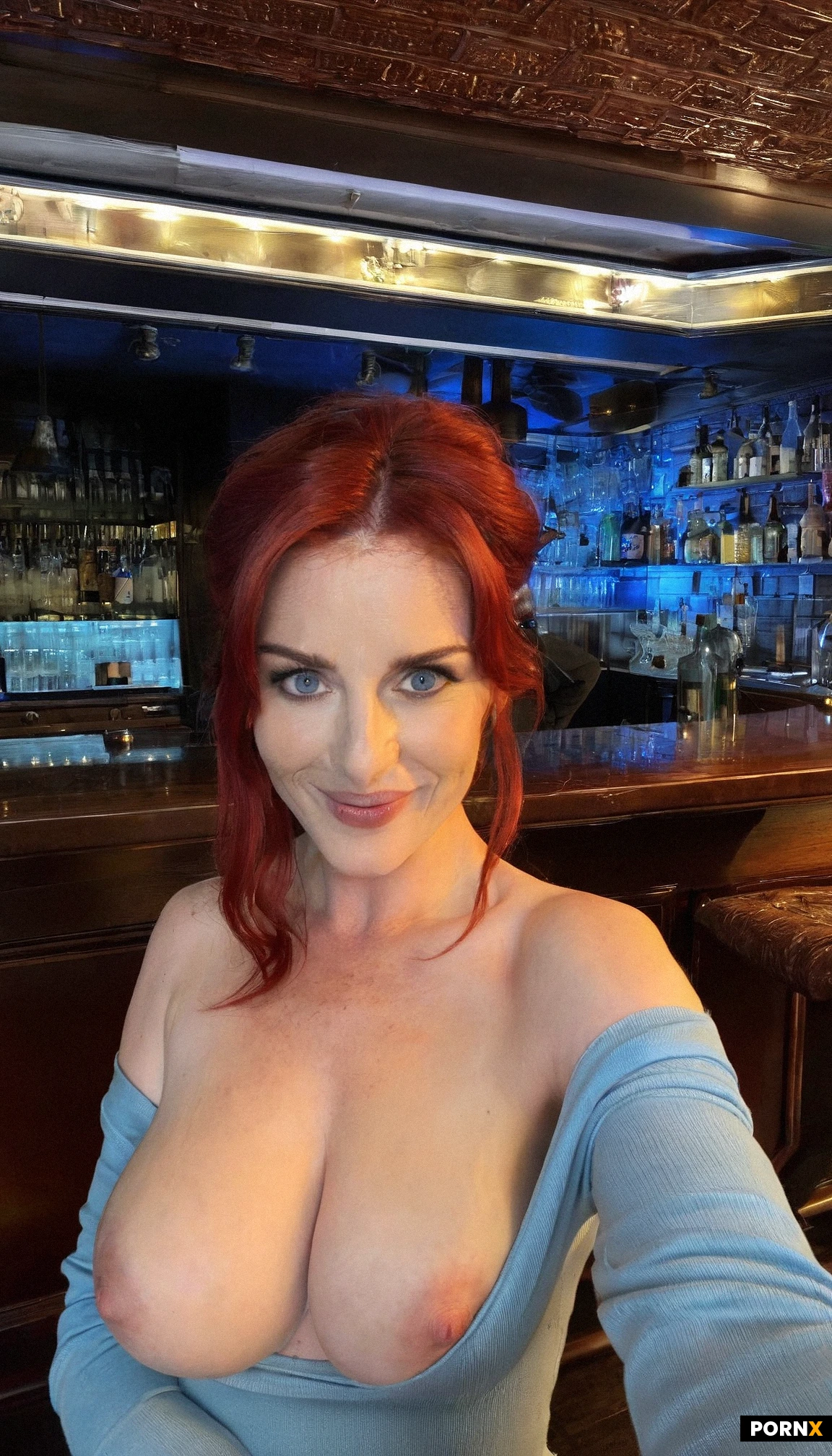 25-Year-old Irish woman with cute face and red hair. She has light blue eyes and is seductively smiling. She's wearing a blue off-the-shoulder sweater that barely contains her huge breasts while standing in a bar (nipple slip:1.5)(cleavage:1.5). her shoulders are bare.