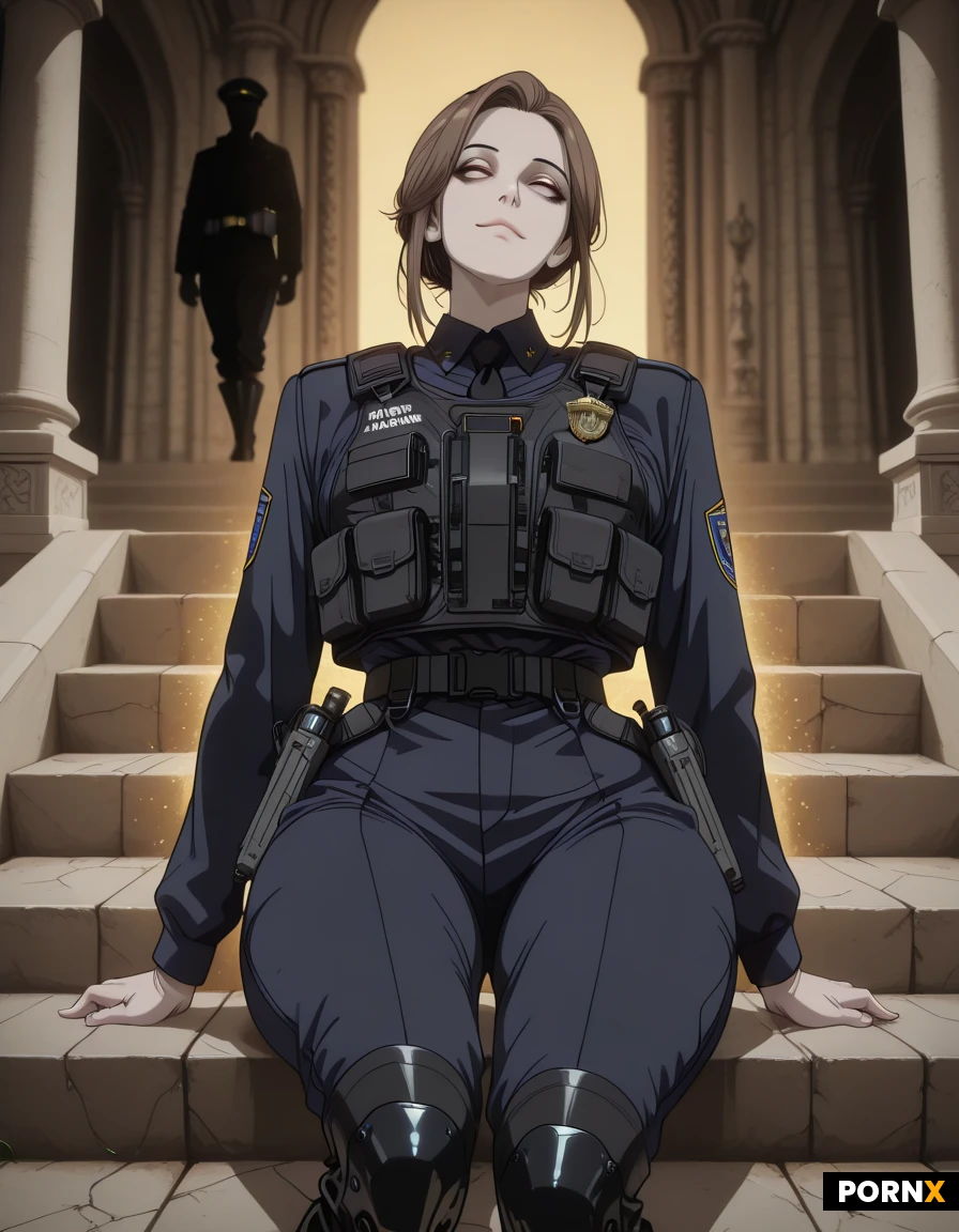 A rugged Caucasian man with short brown hair, a neatly trimmed mustache, and pale skin lies flat on his back, his eyes opened wide in a languid stare, arms stretched out beside him, legs slightly splayed. He is clad in an authentic tactical French police uniform: a dark navy jacket with a high-visibility reflective stripe, a black protective vest bristling with kevlar plates, a utility belt loaded with pouches and radio, and polished black patrol boots, all rendered with hyper-realistic fabric texture and metal shine. The scene is bathed in the soft golden glow of the early evening sun, casting gentle rim lighting around his silhouette while deep shadows pool on the stone steps of the Basilique du Sacré-Cœur, accentuating the intricate carvings and weathered patina. The camera is positioned low, slightly to the side, with a shallow depth of field that keeps his detailed uniform and relaxed expression in sharp focus while the iconic basilica arches loom blurred behind, creating a dramatic cinematic composition. Rendered in ultra-high-resolution photorealistic style, with meticulous attention to anatomy, fabric folds, and atmospheric depth.