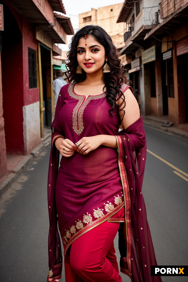 Woman,23 years,Indian,fat,thick thighs,medium rounded,breast,big ass,sexy,beautiful,cute,makeup,busty lips,bindi,dimples on face while smiling,medium length,hair,curly,messy,wearing sat in suit and salwar,red colour,embroidery design,Indian streets,contre jour,high resolution,highly detailed,realistic,rendering,mature.