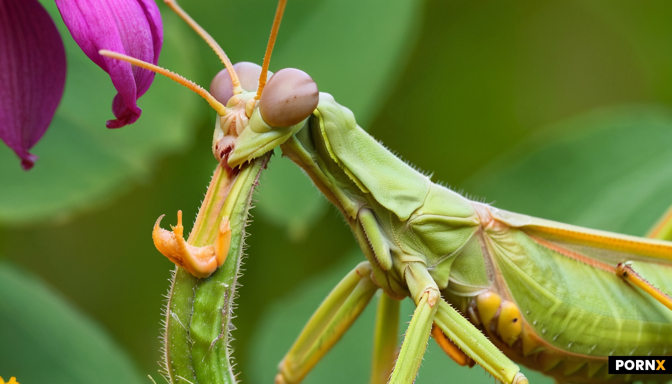 Close-up macro photography of a colorful mantid on a flower