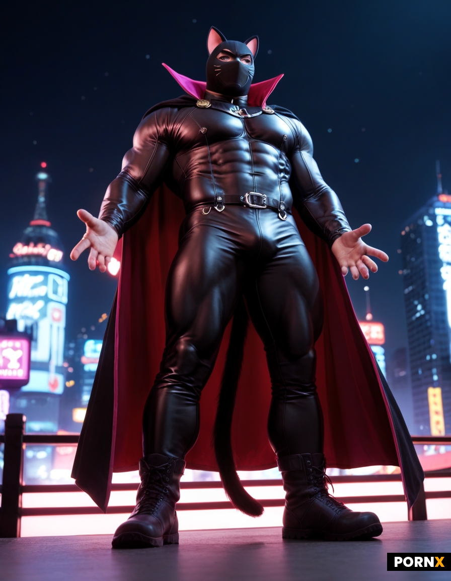muscular guy dress up as a sexy black and pink cat hero/villain
