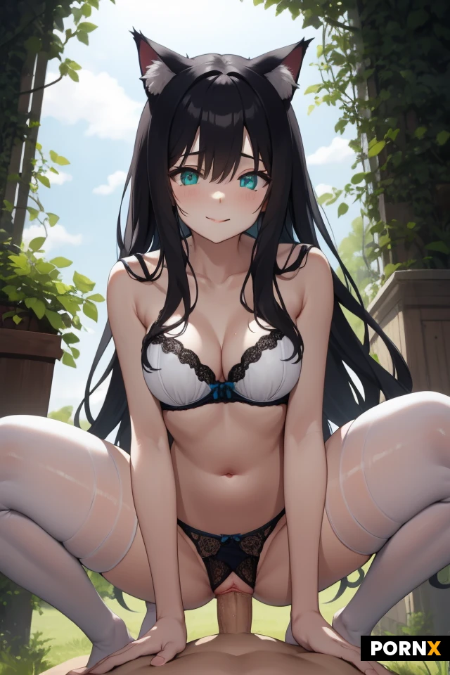 20 year old, tall, fit, lean, one girl with medium breast, bigger than medium ass and thighs.
Refined, attractive, empathetic, sightly self-confident, with a faint untamed charm.
Fair, ivory pale skin color.
Black long straight hair with asymmetrical frontal lengths. Not short black fox ears.
Oval-triangle face shape. Aqua color of eyes, normal eyes spacing with a slight feline-fox sharpness and appearance.
Small, attractive, calm smile.
Without makeup, no makeup.
No tail, without tail.
No more than two legs, two arms, one head, two eyes, no more than normal count of fingers.
White, fabric, short, thin bra with big neckline.
White, fabric panties.
White, tight stockings.
Old, dark forest on soft grass that isn't too short.
Late spring, windy, not hot, some clouds on sky.
Anime 60%, realism 40% style.