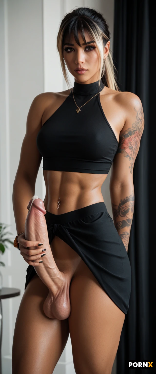 Beautiful futa,19,black hair with blonde highlights,brown eyes,ponytail, bangs,tattoos on body,black crop top,embarrassed,tsnned, no bottoms, solo,standing,(skinny),(tanned),makeup,detailed face,large futa cock,hard cock,cumming cock,girlcock,erect cock,cock standing at attention,upright cock,very stiff cock,(((erection))),stroking cock