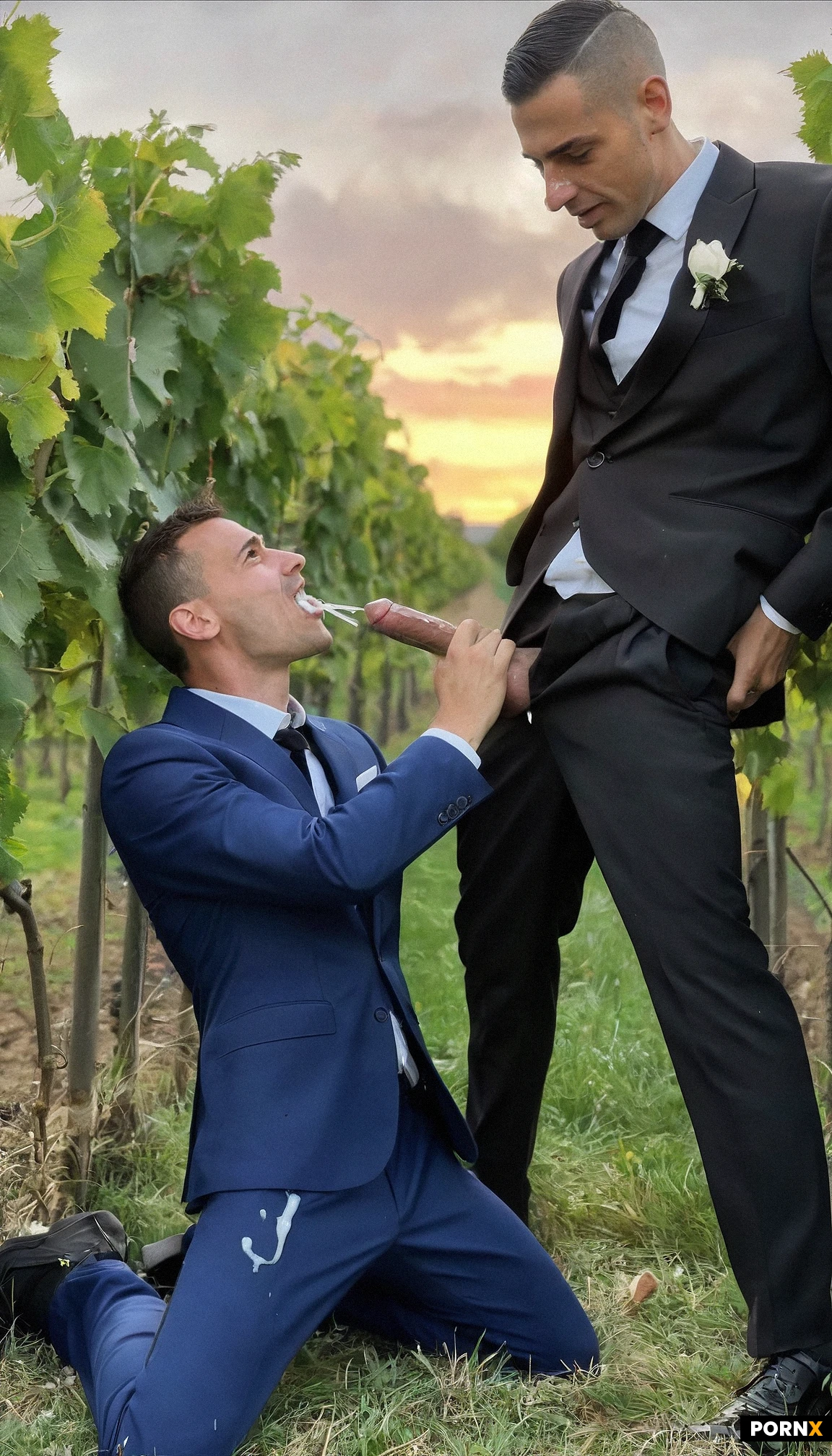 (Very slim:1.5 enthusiastic gay French groom guy, early 30s, clean shaven, very short fade dark brown hair, brown eyes, arched nose, bright blue suit, kneeling in vineyard; (receiving multiple cumshots on his face from his groomsmen jerking off cumming in black suits):1.5 . Evening sunset. Profile view