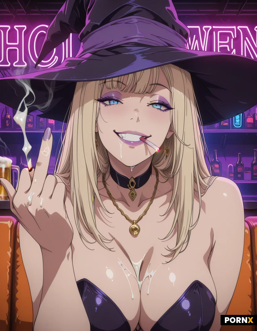 masterpiece, best quality, highres, absurdres, 1girl, solo, long_hair, blonde_hair, blue_eyes, purple_eyeshadow, witch_costume, cleavage, witch_hat, gold_necklace, gold_pendant, cigarette, smoking, beer, middle_finger, exhaling_smoke, nightclub, neon_lights, halloween, smiling, mischievous. Her cigarette is in her mouth. Her big tits are nude. She uses the middle finger of her hand to make the playful gesture of flipping the bird. Her cigarette is in her mouth. Thick white cum streams on her tits.